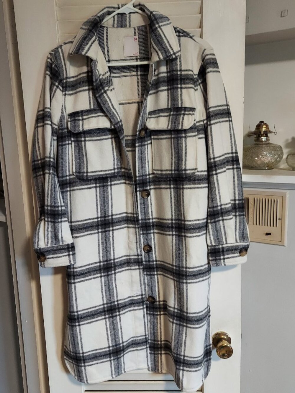 SO Plaid Long Fleece Shacket Black White Button Front Size S